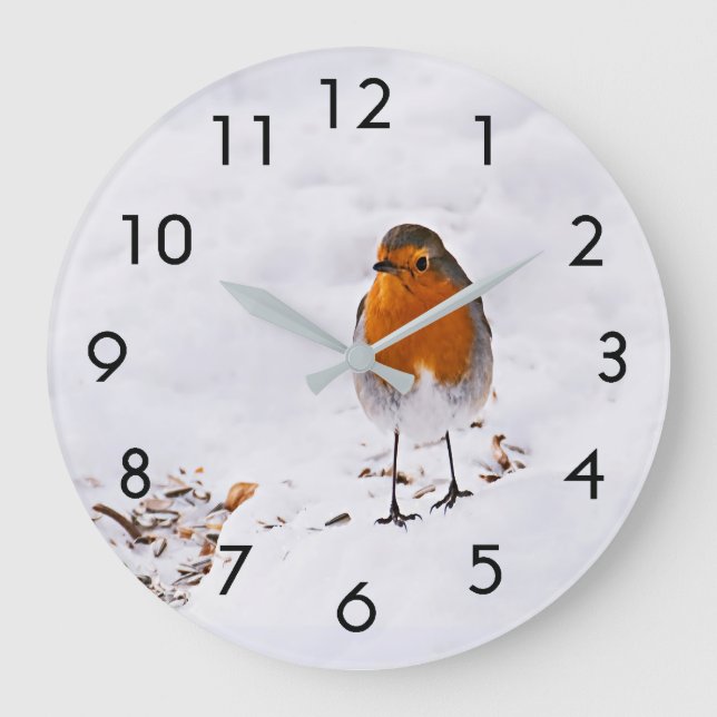 Reloj Redondo Grande Pájaro Robin lindo en la nieve (Anverso)