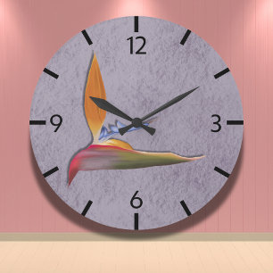Reloj Redondo Grande Pájaro tropical púrpura moderno de mano de paraíso