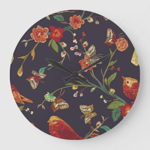 Reloj Redondo Grande Pájaro vintage, mariposa, acuarela de bordado.