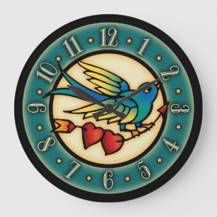 Reloj Redondo Grande Pájaro y corazones del tatuaje del vintage