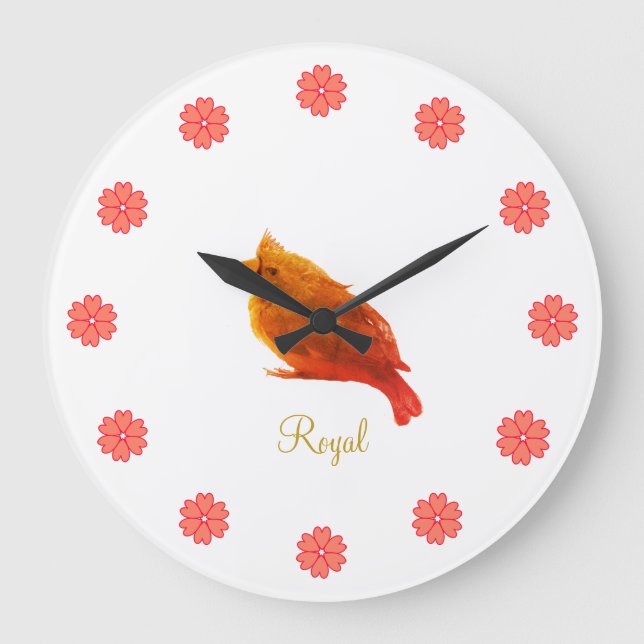 Reloj Redondo Grande Pájaro y flores rojas (Anverso)