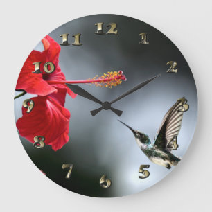 Reloj Redondo Grande Pájaro zumbador y flor roja