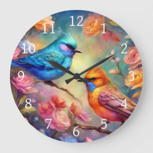Reloj Redondo Grande Pájaros coloridos en la rama Pájaro azul rosa 99