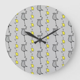 Reloj Redondo Grande Pájaros de Doodle, gris y amarillo