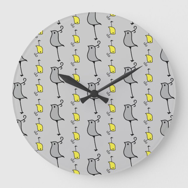 Reloj Redondo Grande Pájaros de Doodle, gris y amarillo (Anverso)