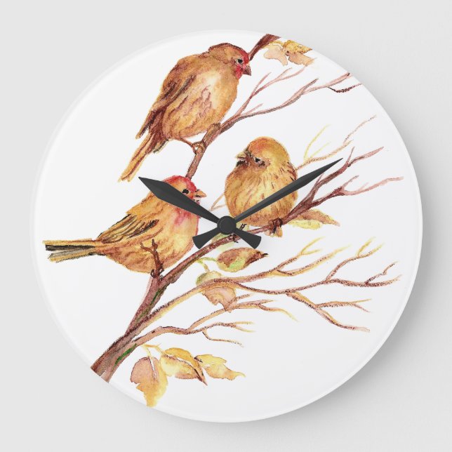 Reloj Redondo Grande Pájaros originales de la acuarela en árbol (Anverso)