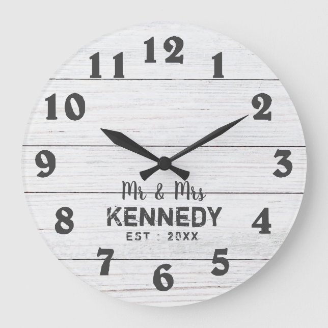 Reloj Redondo Grande Pallet Rústico Blanco Madera Sr. y Sra. Boda (Anverso)