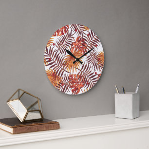 Reloj Redondo Grande Palm marrón Naranja tropical deja arte acuarela