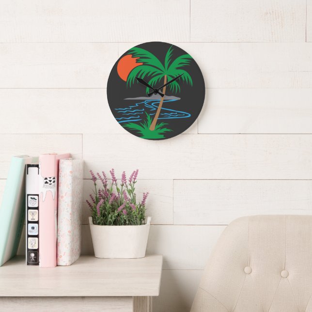 Reloj Redondo Grande Palm Tree by the River | Tropical Sunset Art (Sala de lectura)