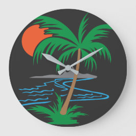 Reloj Redondo Grande Palm Tree by the River | Tropical Sunset Art