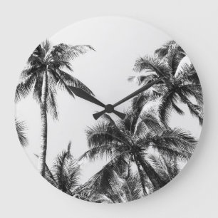 Reloj Redondo Grande Palm Tree Leaf Black White