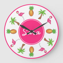Reloj Redondo Grande Palm Tree Pineapple Isla Tropical Rosa Flamingo
