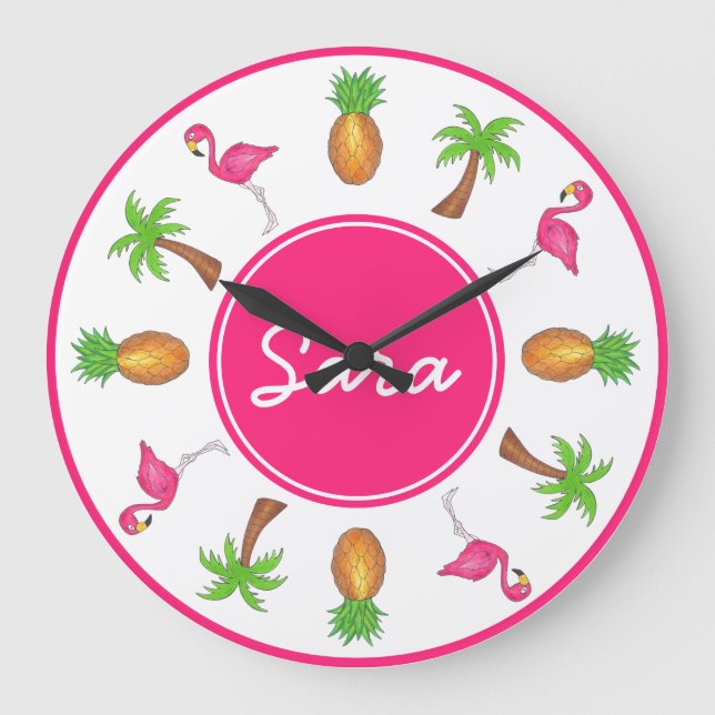 Reloj Redondo Grande Palm Tree Pineapple Isla Tropical Rosa Flamingo (Anverso)