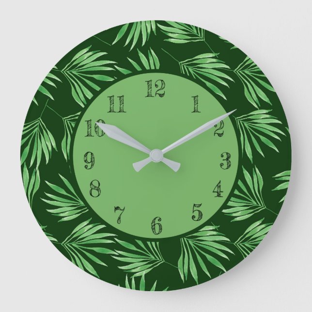 Reloj Redondo Grande Palm tropical deja oliage verde moderno (Anverso)
