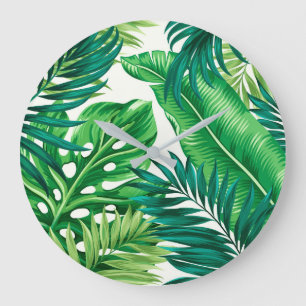 Reloj Redondo Grande Palm tropical verde Banana Monstera hojas