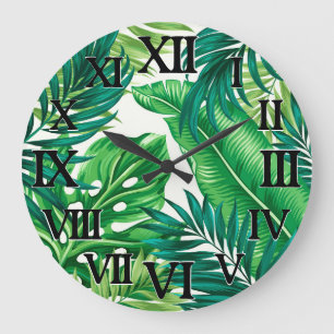 Reloj Redondo Grande Palm tropical verde Banana Monstera hojas