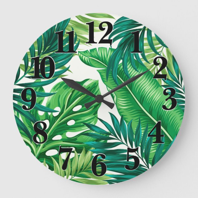 Reloj Redondo Grande Palm tropical verde Banana Monstera hojas (Anverso)