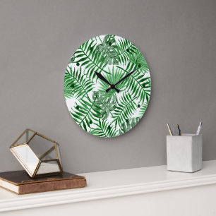 Reloj Redondo Grande Palm verde tropical deja arte acuarela de verano