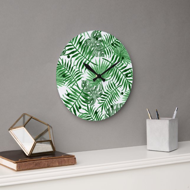 Reloj Redondo Grande Palm verde tropical deja arte acuático de verano (Oficina)