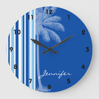 Reloj Redondo Grande Palma tropical; Rayas azules y blancas