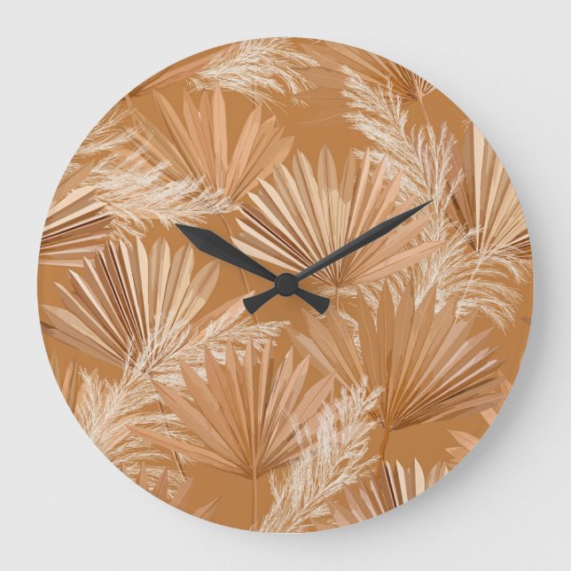 Reloj Redondo Grande Palmas secas tropicales: boho acuarela. (Anverso)