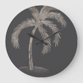 Reloj Redondo Grande Palmera dibujada a mano con frondas en blanco y ne