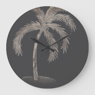 Reloj Redondo Grande Palmera dibujada a mano con frondas en blanco y ne