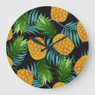 Reloj Redondo Grande Palmeras de piña Tapiz negro