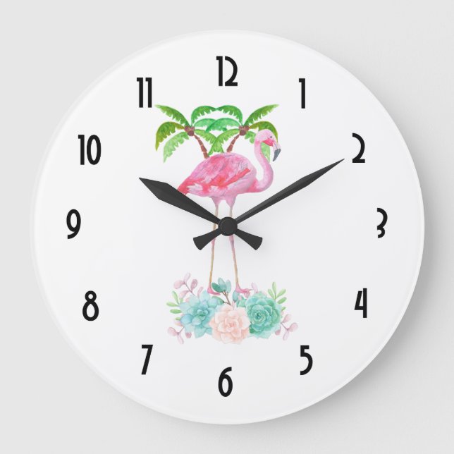 Reloj Redondo Grande Palmeras rosadas del flamenco y Succulents (Anverso)