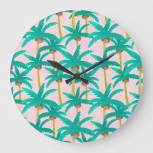 Reloj Redondo Grande Palmeras Tropicales: Patrón de verano acuarela