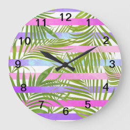 Reloj Redondo Grande Palmeras tropicales rayas violetas rosas modernas