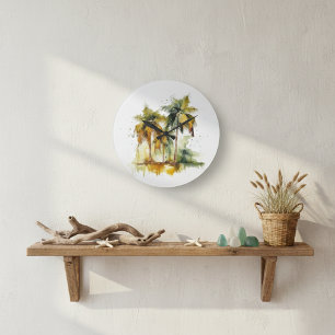 Reloj Redondo Grande Palmeras verdes con trópicos de color agua de coco