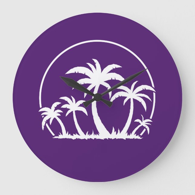 Reloj Redondo Grande Palmeras y puesta de sol en blanco (Anverso)