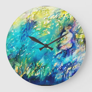 RELOJ REDONDO GRANDE PAN TOCANDO FLAUTA Y CIERVO EN BOSQUE VERDE