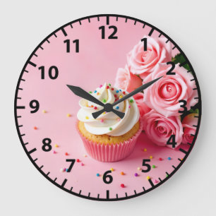 Reloj Redondo Grande Panadería Cupcake Rosas Rosadas Repostería Amante