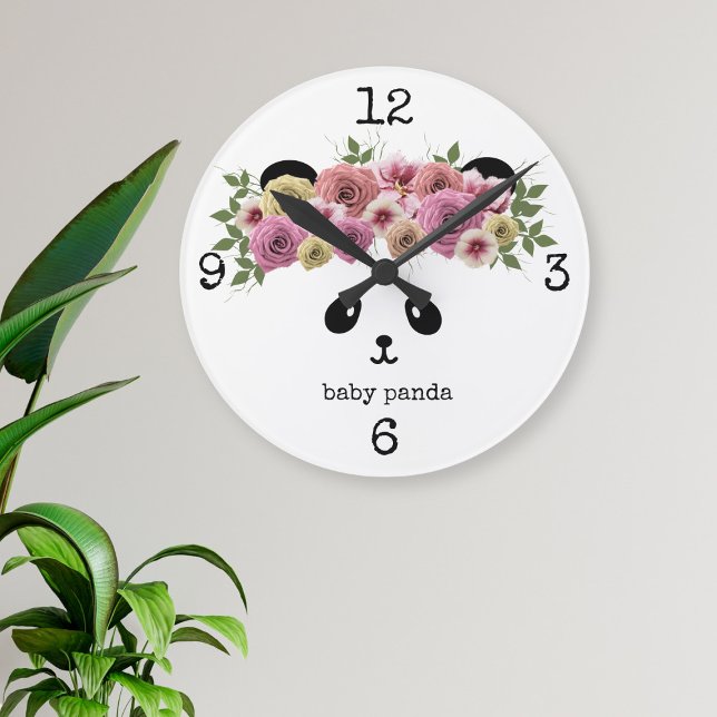 Reloj Redondo Grande Panda Bear Chica Corona floral personalizada (Pretty Panda Wall Clock with space for your name)