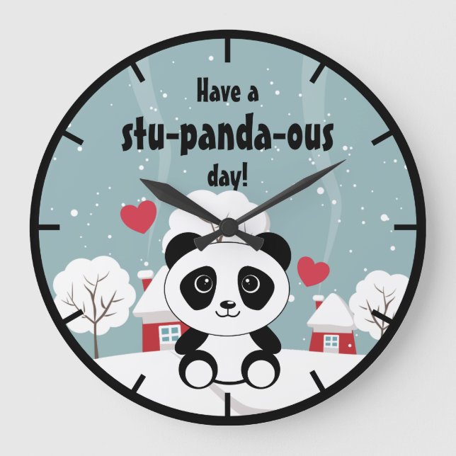 Reloj Redondo Grande Panda De Bebé Cuto En Gris De Nieve De Invierno (Anverso)