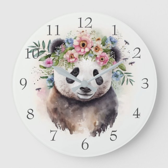 Reloj Redondo Grande Panda Flowers Watercolor                         (Anverso)