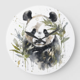 Reloj Redondo Grande Panda lindo entre la acuarela de bambú