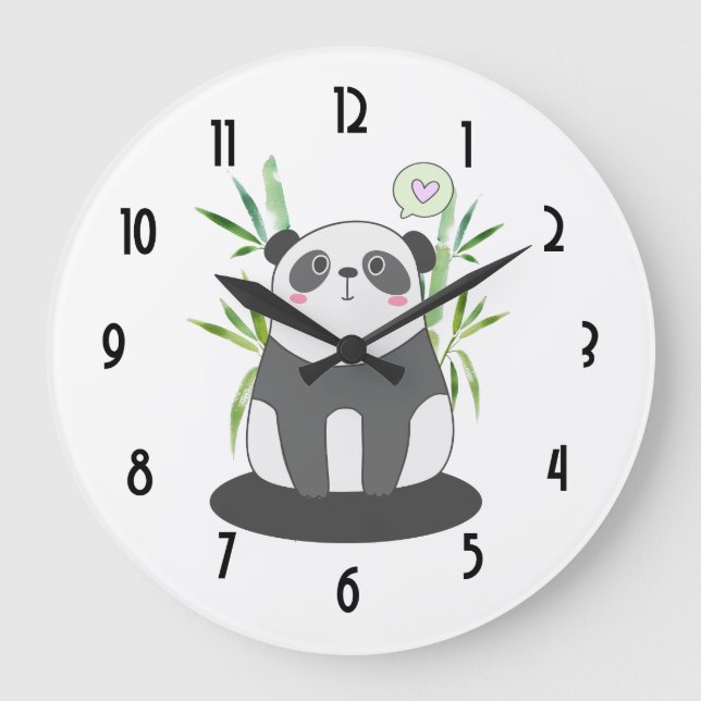 Reloj Redondo Grande Panda negra y blanca linda en bambú (Anverso)