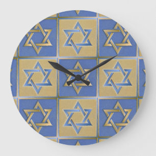 Reloj Redondo Grande Paneles de Arte Estrella de David Azul Dorado