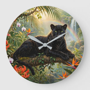 Reloj Redondo Grande Pantera Negra Flores de Jungla de Kenia Cascada