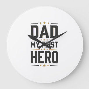Reloj Redondo Grande Papá Mi Primer Héroe Camiseta Diseño Tipografía Vi