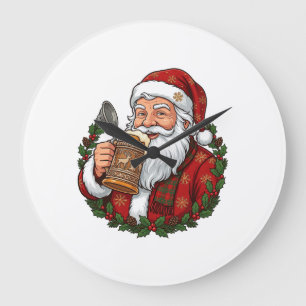 Reloj Redondo Grande Papá Noel de Navidad sosteniendo un vaso de cervez