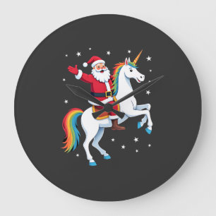 Reloj Redondo Grande Papá Noel montando unicornio de Navidad chicas muj