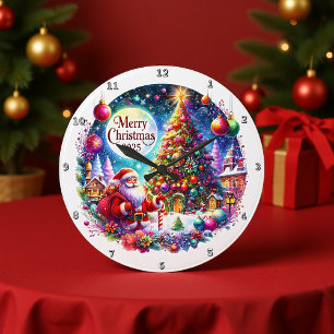 Reloj Redondo Grande Papá Noel y su árbol de Navidad
