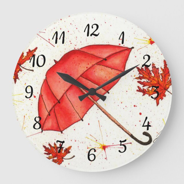 Reloj Redondo Grande Paraguas rojos luminosos y hojas rojas acuarela (Anverso)
