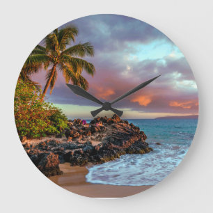 Reloj Redondo Grande Paraíso tropical hawaiano de arena en la playa