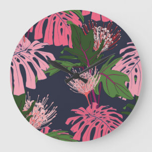Reloj Redondo Grande Paraíso tropical: hojas y flores exóticas