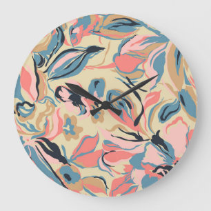 Reloj Redondo Grande Parche abstracto: crema floral geométrica.